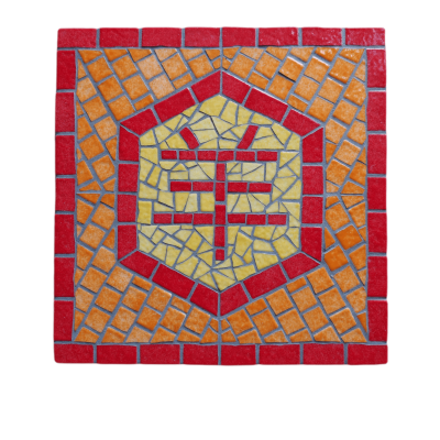 Tableau artisanal en mosaïque du zodiaque chinois, signe de la Chèvre, gamme rouge
